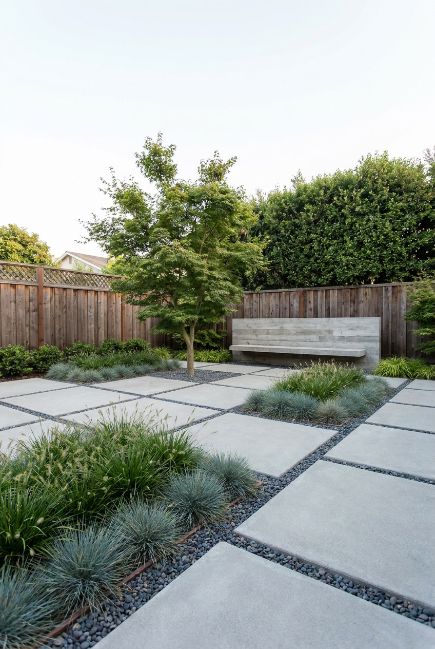 Reimagine this yard modern minimalist with concrete pavers in a grid, gravel inf