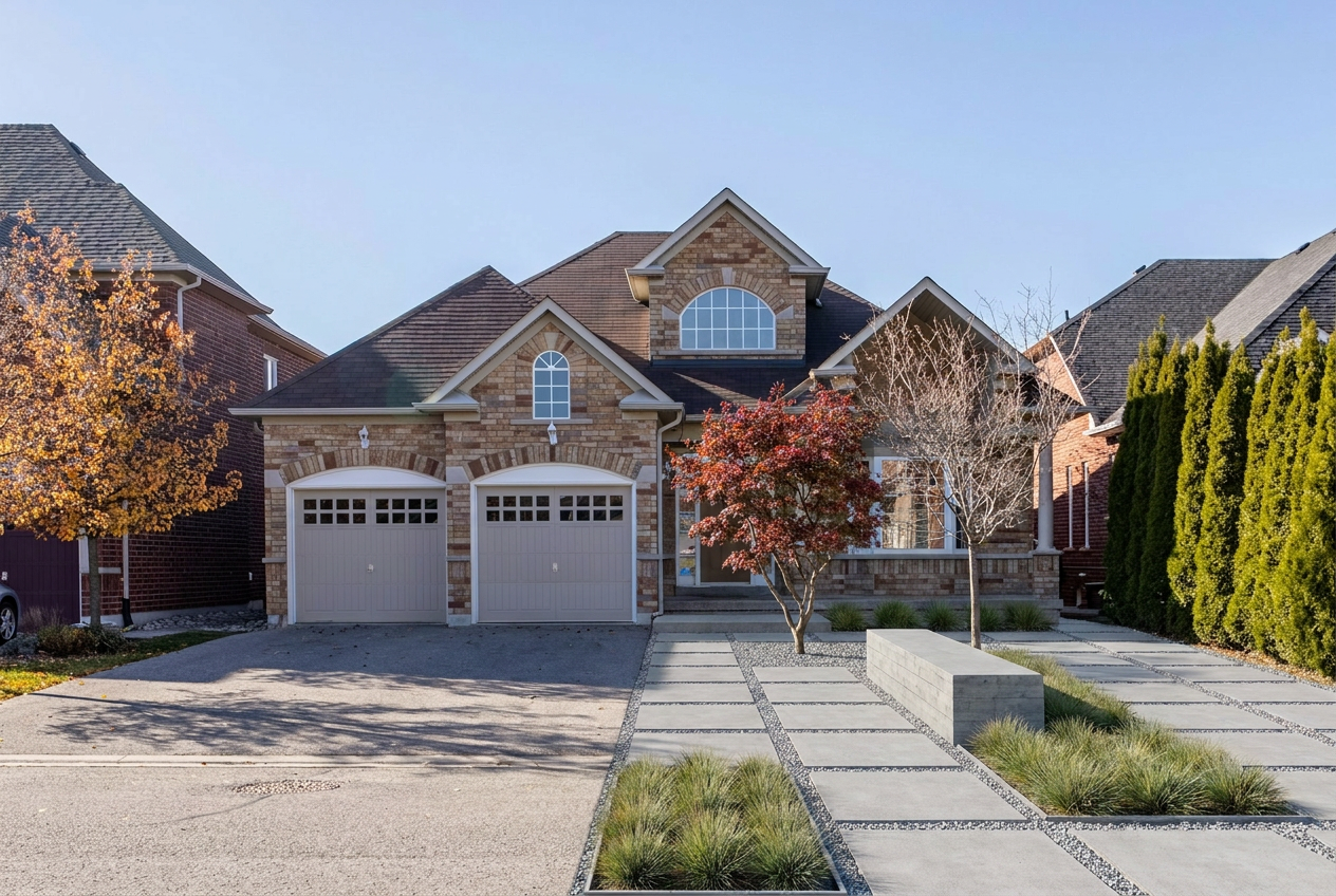 Reimagine this yard modern minimalist with concrete pavers in a grid, gravel inf