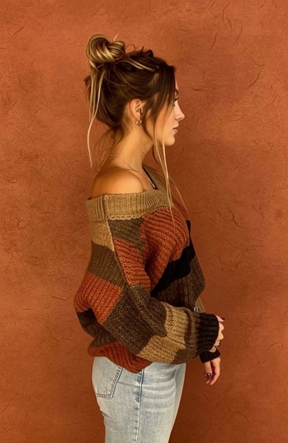 this. replace background with a minimalist solid color and subtle texture. shift the color palette to warm earthy tones, terracotta, amber, sand. change to a side profile view of the subject. remove the phone from the image, fill in naturally