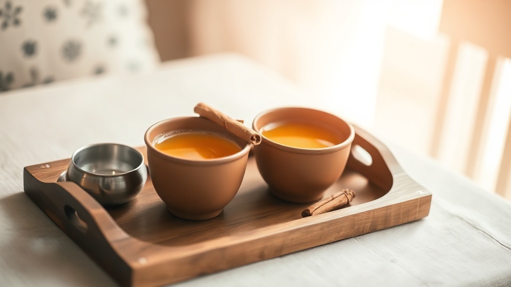Deux tasses de thé chai maison servi dans des tasses en céramique sur un plateau en bois