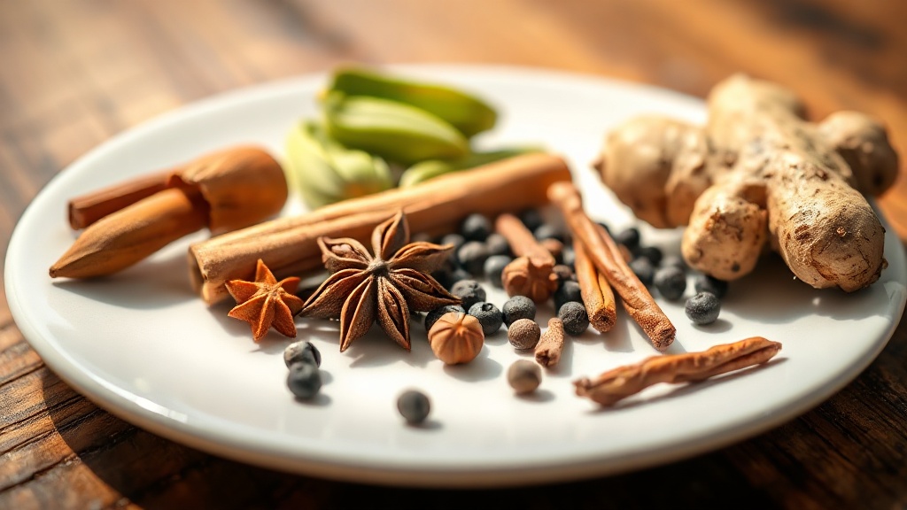 Épices entières pour thé chai maison : cardamome, cannelle, poivre, badiane, clou de girofle, gingembre frais