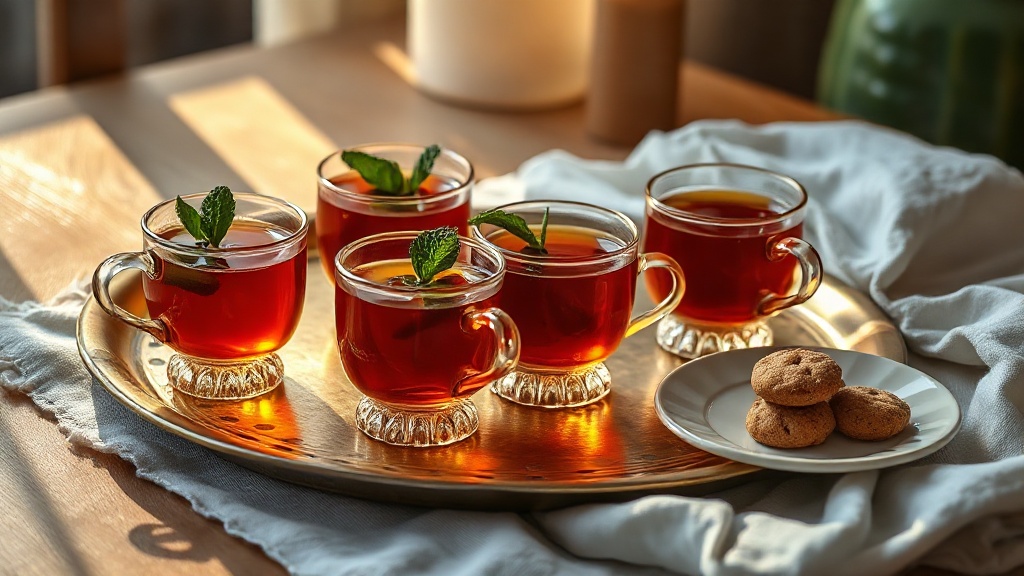 Service de thé marocain traditionnel avec petits verres colorés sur plateau en laiton et menthe fraîche