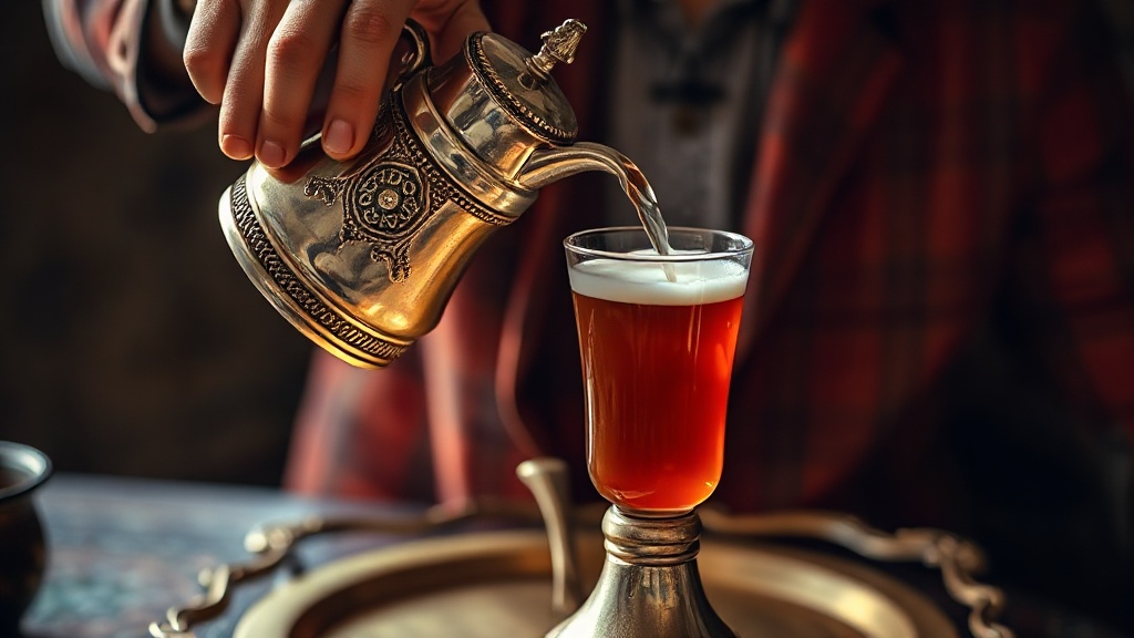 Versement du thé marocain de haut pour créer la mousse traditionnelle dans un verre coloré