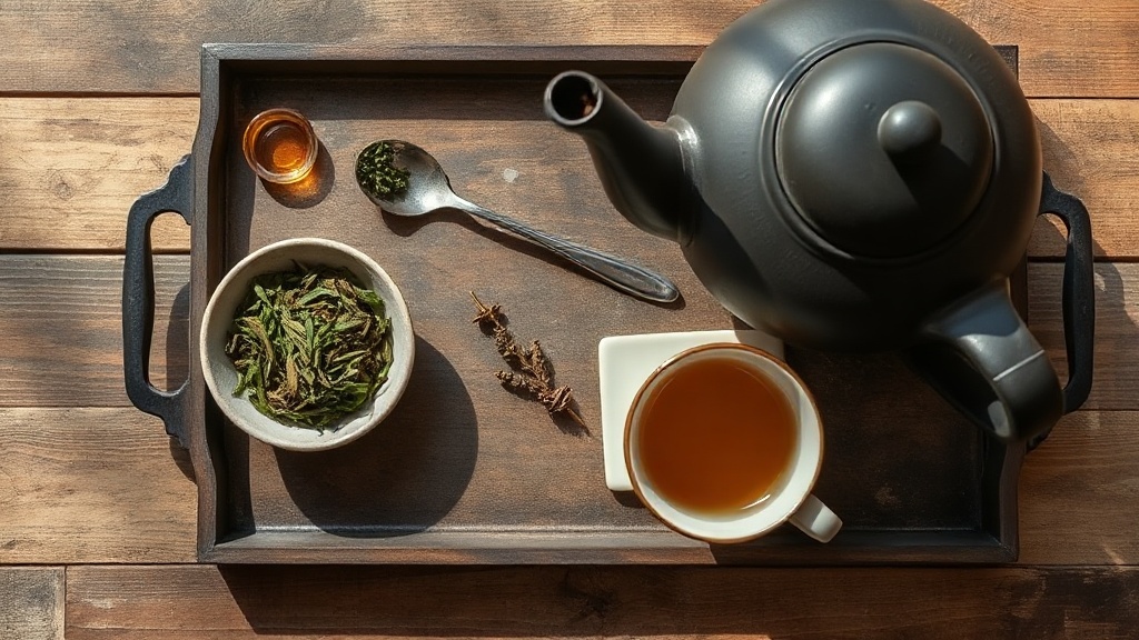 Plateau de thé avec théière en fonte et tasse en porcelaine sur table en bois rustique