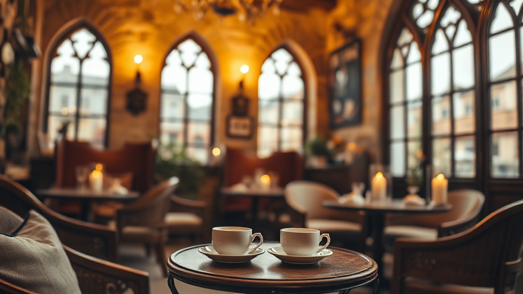 Intérieur cosy d'un salon de thé dans un immeuble historique en pierre avec fenêtres cintrées