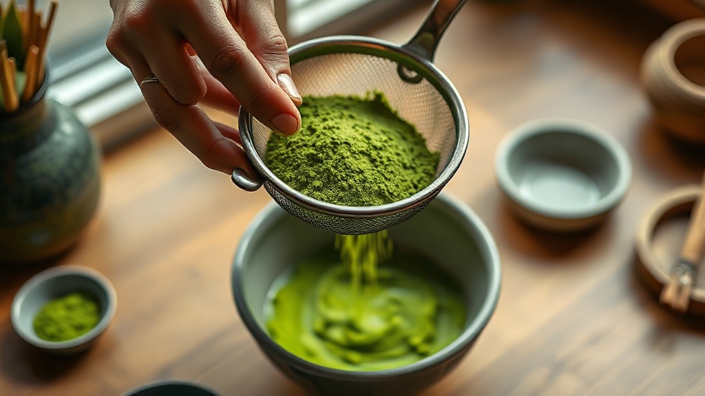 Tamisage de poudre de matcha dans un bol chawan avant préparation