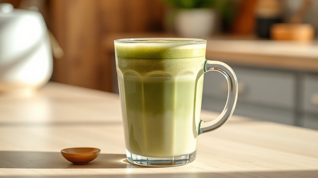 Matcha latte maison avec lait végétal dans un verre transparent