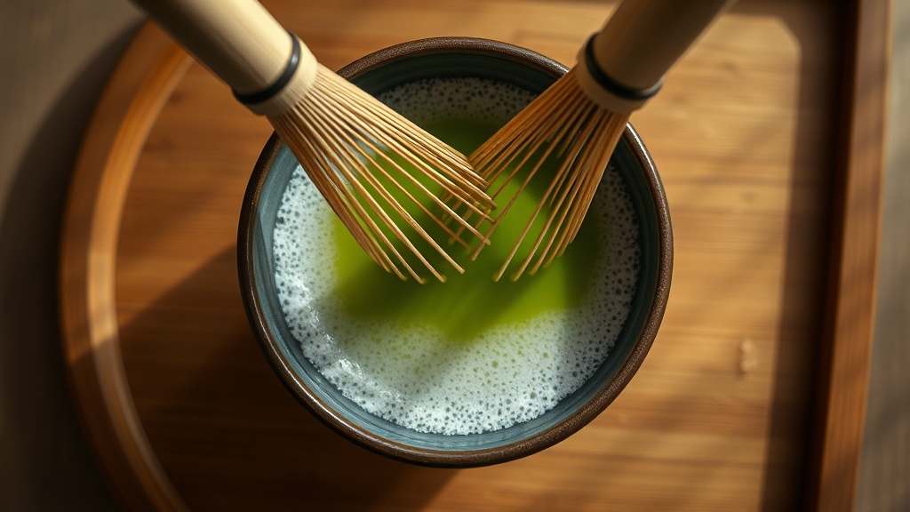 Fouettage du matcha en mouvement en W avec un chasen en bambou