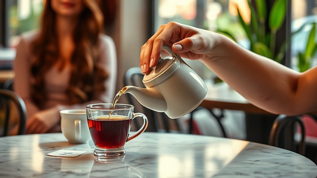Thé versé délicatement dans une tasse transparente sur une table de café nantais