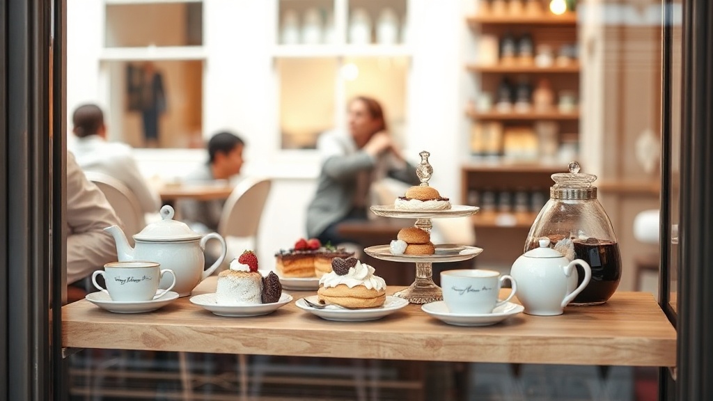 Vitrine d'un salon de thé nantais avec pâtisseries et tasses exposées