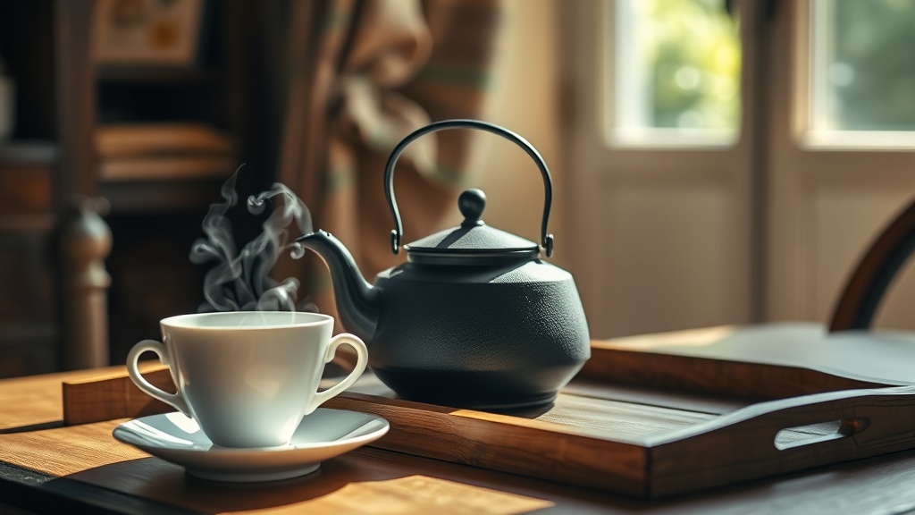 Théière en fonte et tasse de thé posées sur un plateau en bois dans un salon de thé cosy