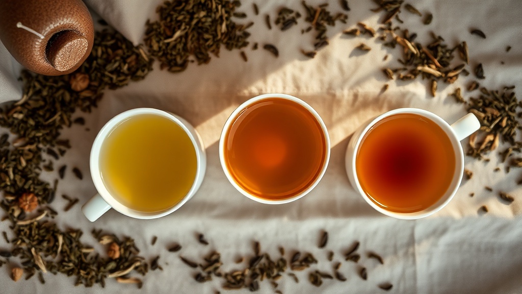 Trois tasses de thé de couleurs différentes représentant des teneurs en théine variées