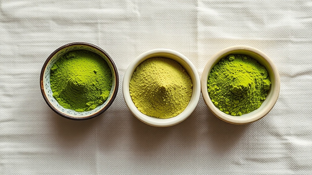 Comparaison de matcha de cérémonie vert vif et de matcha culinaire vert terne dans des bols