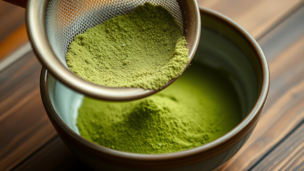 Poudre de matcha vert vif tamisée dans un bol en céramique traditionnel japonais