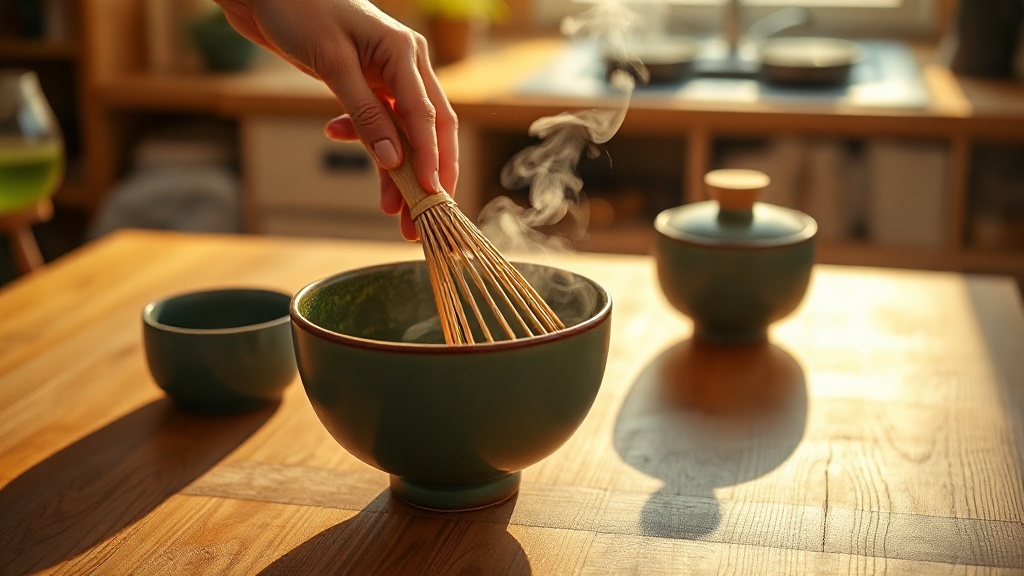 Mains fouettant le matcha avec un chasen en bambou pour créer une mousse verte légère