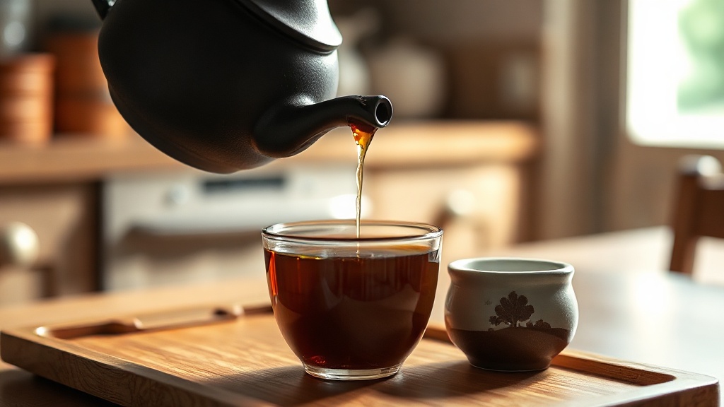 Théière en fonte versant du thé noir dans une petite tasse en céramique