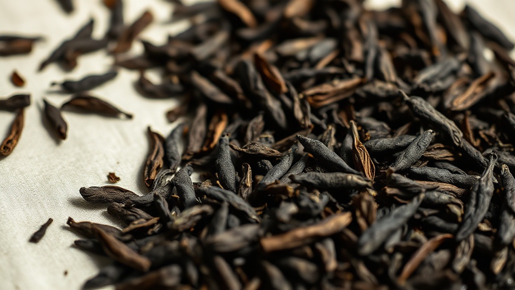 Feuilles de thé noir entières et oxydées sur un tissu de lin naturel