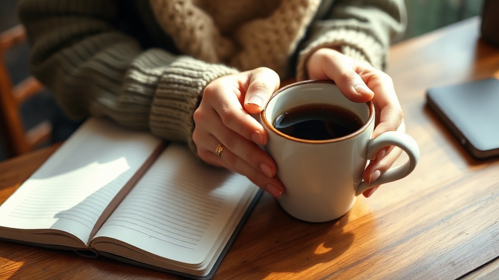 Mains tenant une tasse de thé noir fumant le matin au bureau