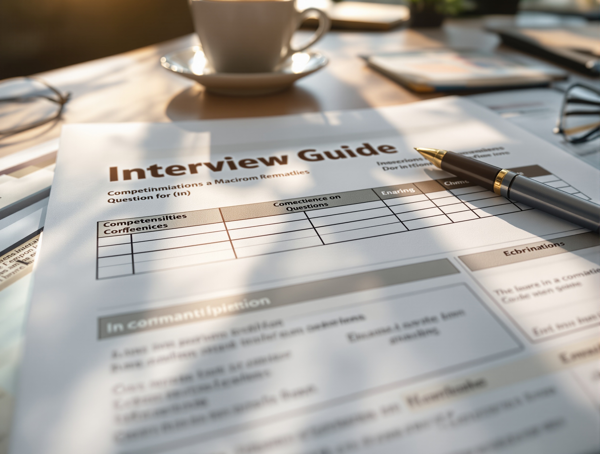 Printed interview guide template with sections for questions and scoring