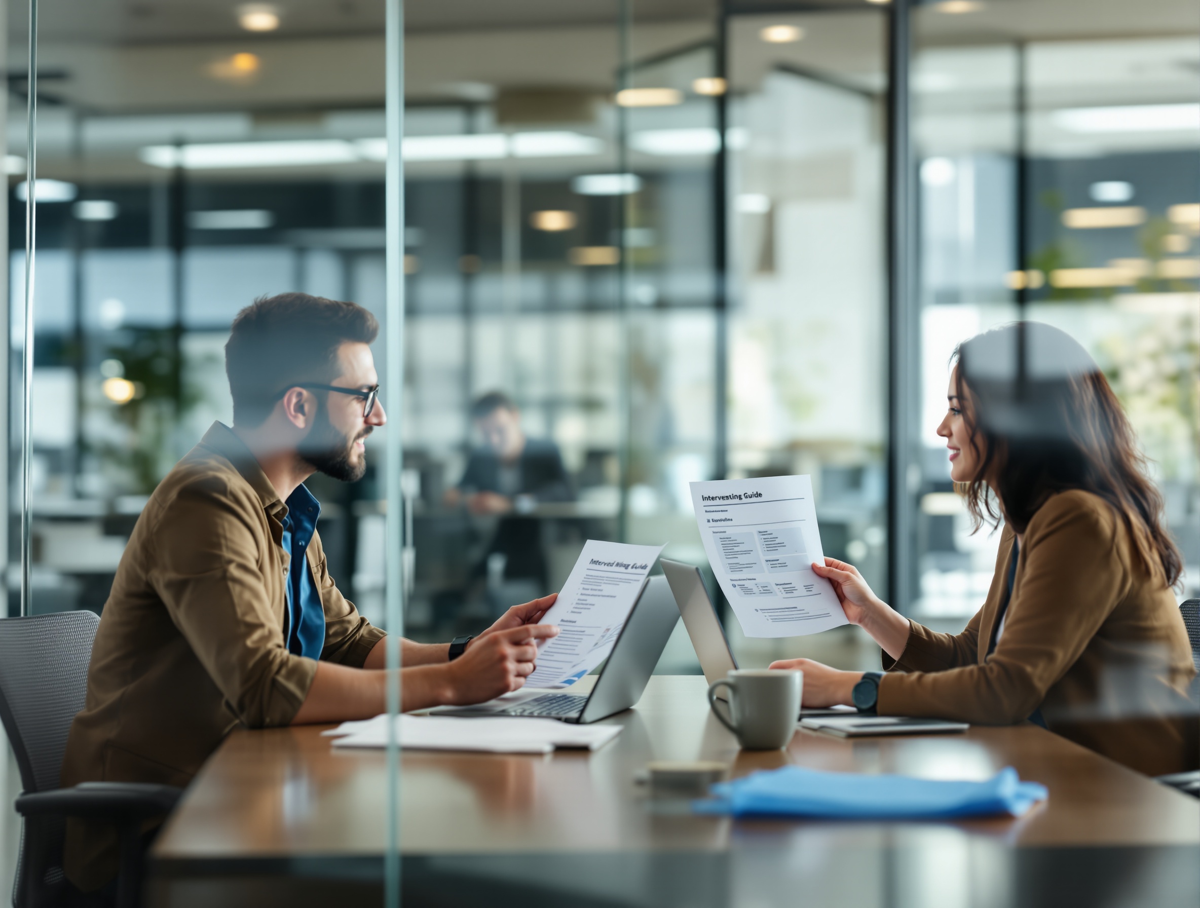Recruiter and hiring manager reviewing a printed interview guide in a modern office