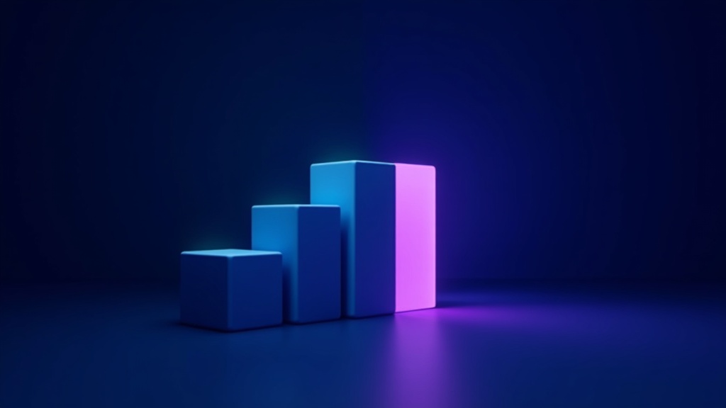 Split-screen geometric composition: left side shows metered cubic blocks stacking upward in cyan with cost-ladder effect