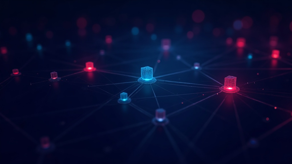 Abstract editorial image of interconnected geometric nodes in dark navy space. Some connection lines are solid and glowi