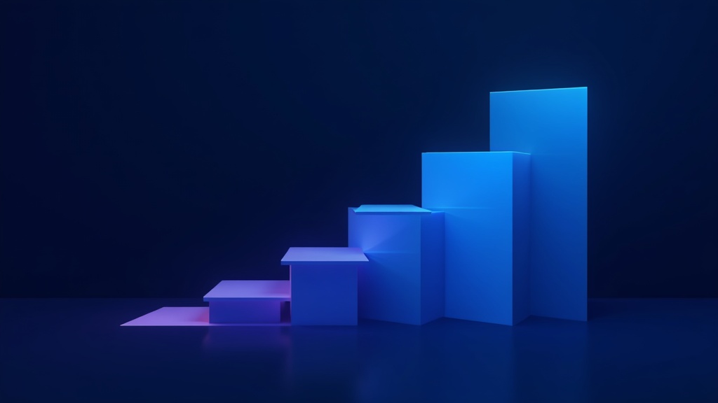 Dark navy backdrop with layered geometric panels showing ascending bar chart elements in cyan and violet gradient. Abstr