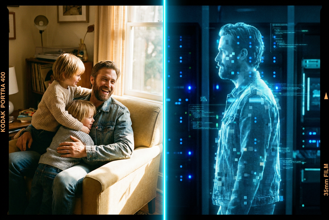alt text: A split screen showing a warm family photo on one side and a glowing AI-generated ghostly figure of a rapper on the other, divided by a glowing vertical line, moody atmosphere with warm amber tones on the left and cold blue digital tones on the right