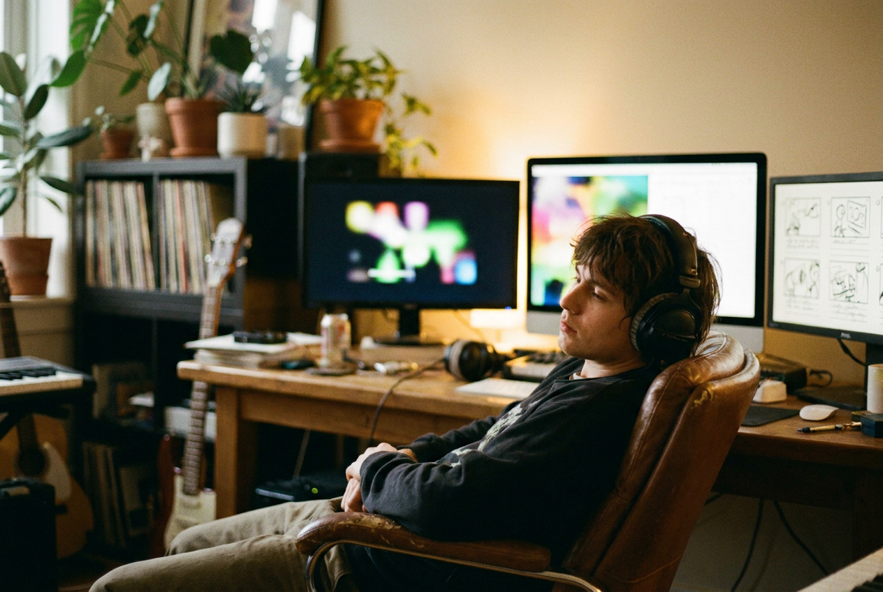 alt text: A musician sitting at a desk surrounded by glowing screens showing AI-generated visual concepts for a music video