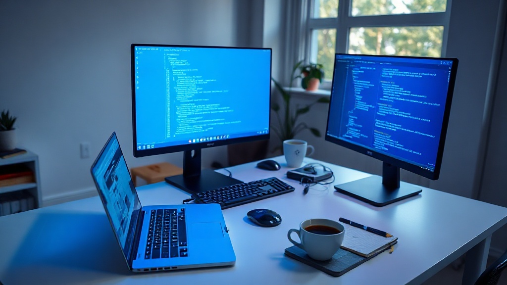 AI-assisted code generation tools interface with developers' laptops for efficient software development in 2026
