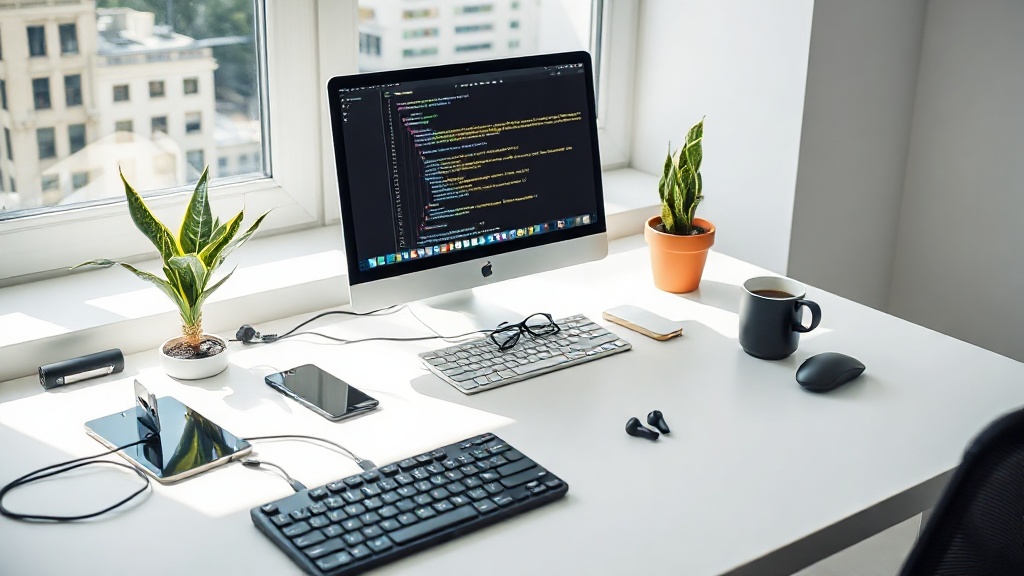 Futuristic AI-powered app development tools interface with code and digital workflows for 2026.