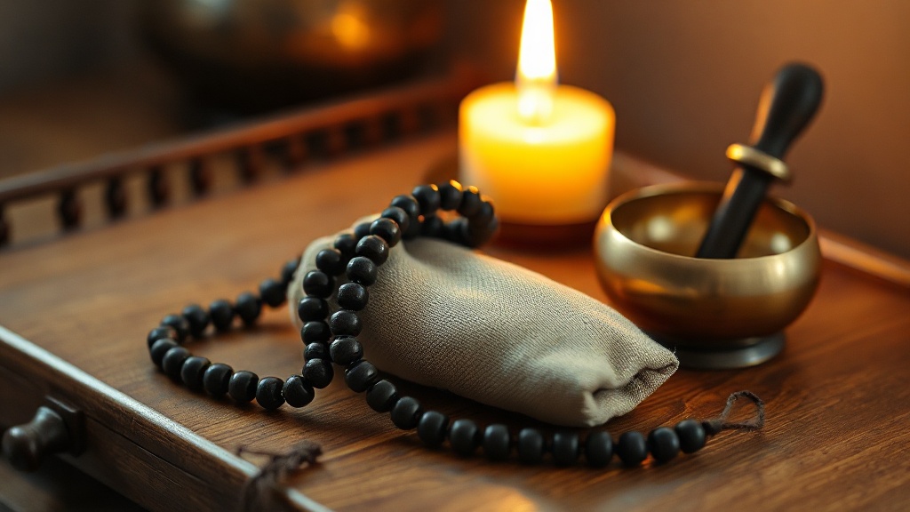 Mala en bois posé dans une pochette en tissu à côté d'un bol chantant en bronze sur un autel de méditation