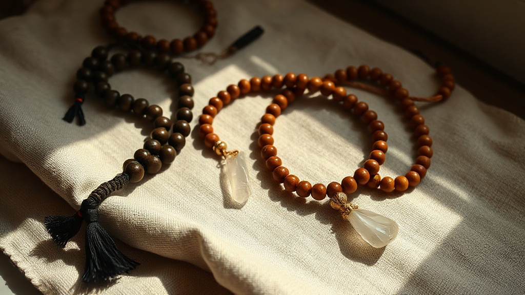 Plusieurs malas bouddhistes posés sur du lin naturel : bois de santal, rudraksha et cristal de roche