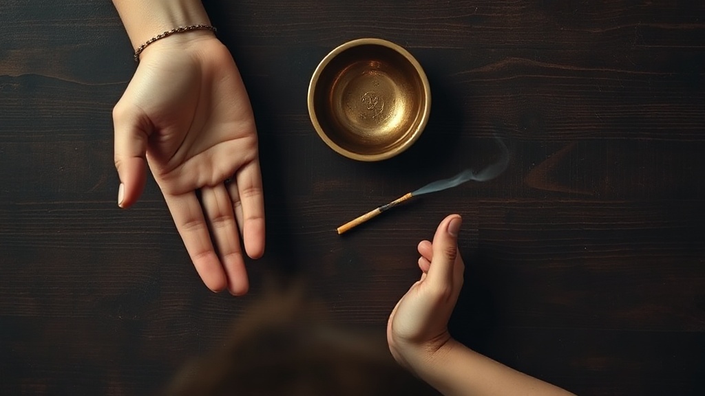 Mains en mudra de méditation symbolisant la pratique de la pleine conscience liée à la deuxième noble vérité