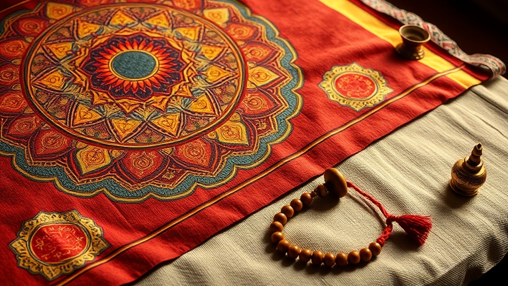 Détail d'un thangka tibétain avec mandala, mala et dorje en laiton