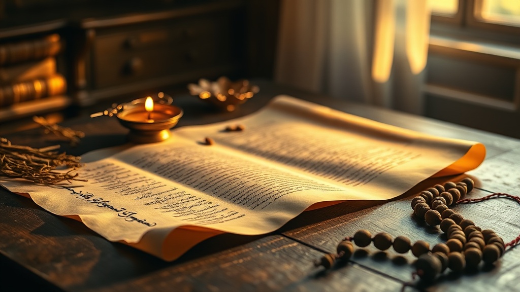 Anciens textes bouddhistes sur un bureau en bois, lampe à huile et mala en bois