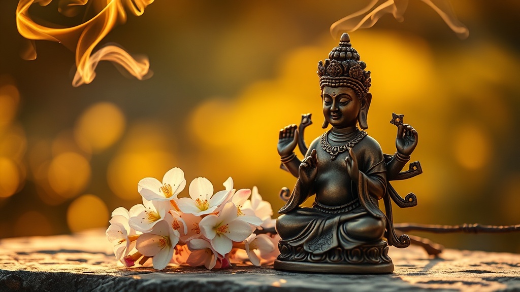 Statuette de bodhisattva en bronze entourée de fleurs et d'encens
