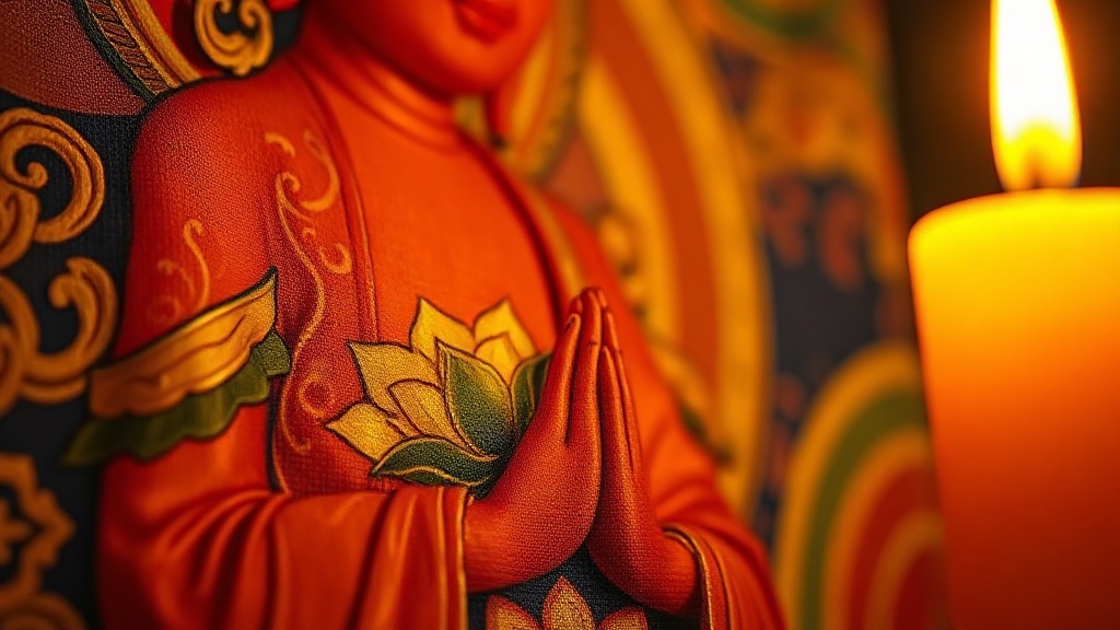 Détail d'une thangka tibétaine représentant Avalokiteśvara, bodhisattva de la compassion associé au mantra om mani padme hum