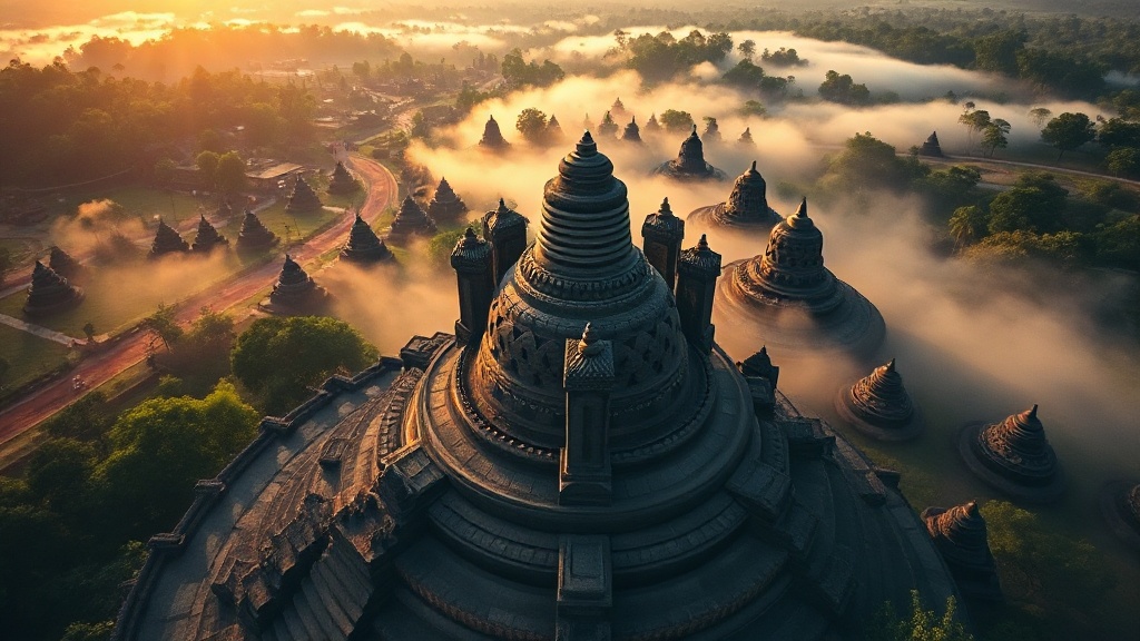 Temple de Borobudur en Indonésie vu depuis les airs au lever du soleil, entouré de brume matinale