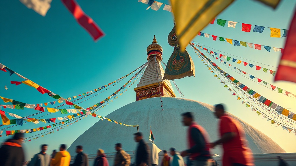 Le stupa de Boudhanath à Katmandou avec ses yeux du Bouddha peints et ses drapeaux de prières colorés