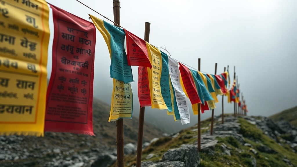 Drapeaux de prières tibétains lung ta agités par le vent dans un col de montagne, portant le mantra om mani padme hum