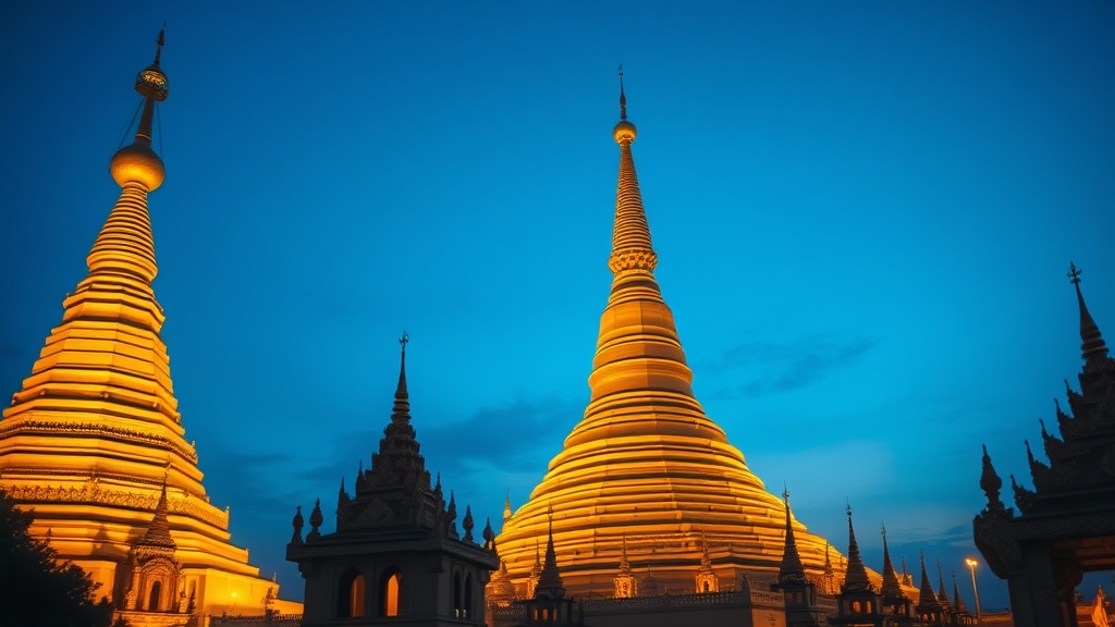La Shwedagon Pagoda à Rangoun au crépuscule, sa stupa dorée brillant sous le ciel nocturne