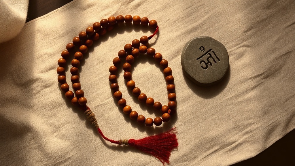 Mala tibétain de 108 perles en bois posé sur un tissu de lin, utilisé pour compter les récitations du mantra om mani padme hum