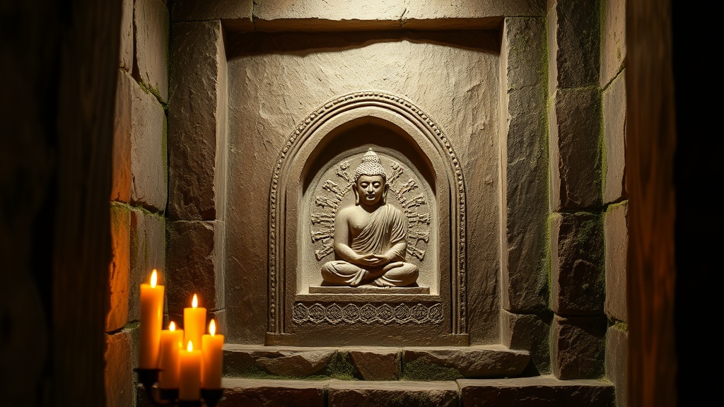 Relief sculpté ancien représentant une figure méditante dans un temple de pierre en Inde