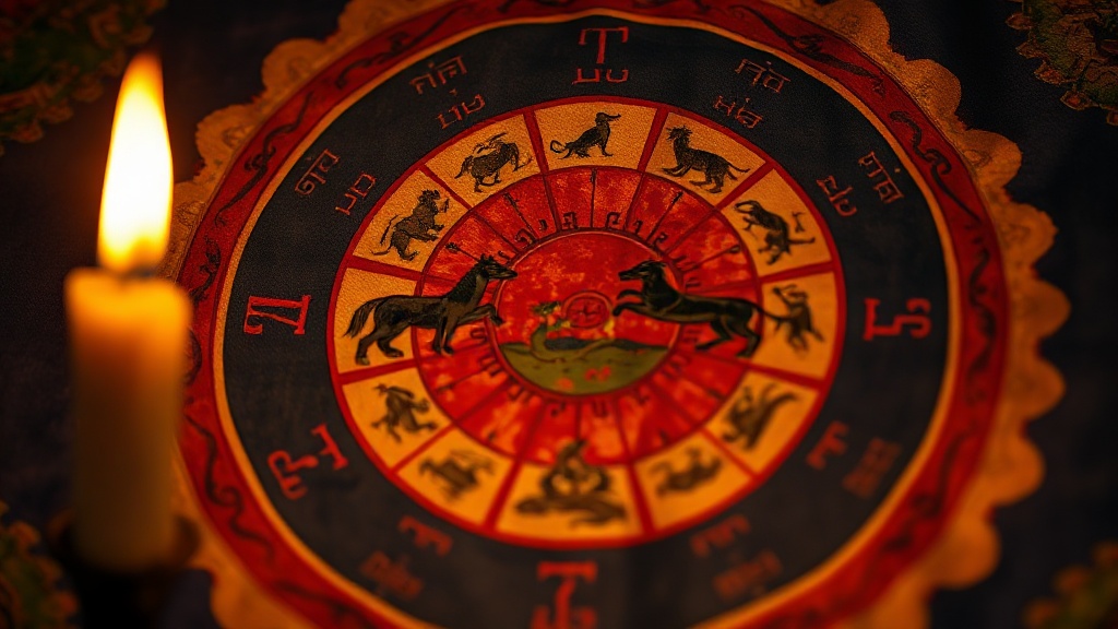 Détail d'une thangka tibétaine représentant la Roue de la Vie avec les trois poisons au centre, coq serpent et cochon