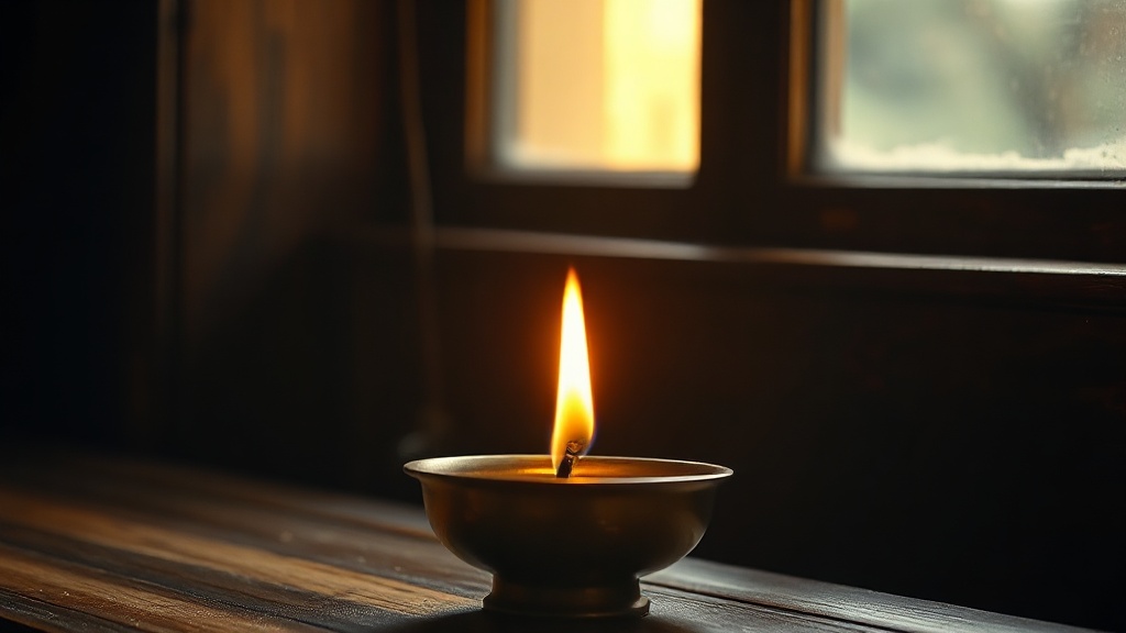 Flamme d'une lampe à beurre tibétaine allumée, symbolisant la continuité du karma d'une vie à l'autre sans âme permanente