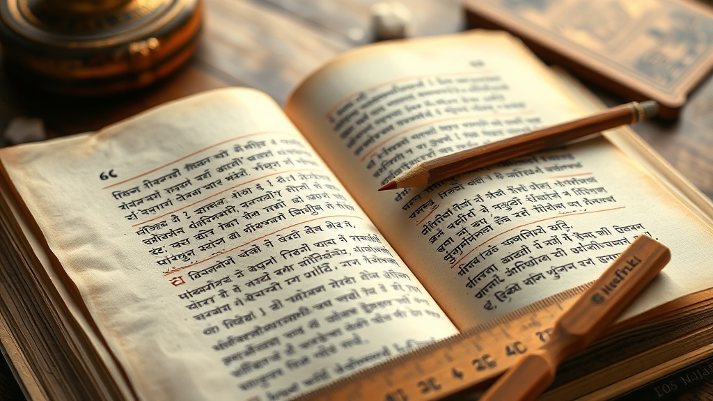 Manuscrits en pali et sanskrit ouverts sur un bureau de chercheur en études bouddhistes