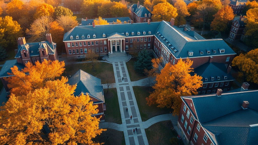 Campus universitaire américain en automne, cadre idéal pour étudier le bouddhisme