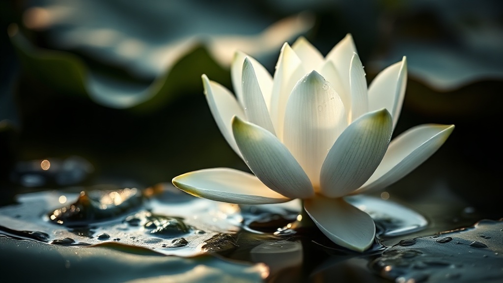 Fleur de lotus blanche s'épanouissant hors de l'eau boueuse, symbole de purification dans le bouddhisme