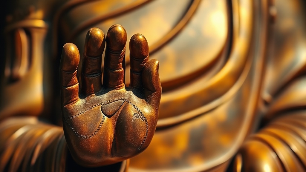 Mains d'une statue de Bouddha en bronze formant un mudra traditionnel, symbolique bouddhiste